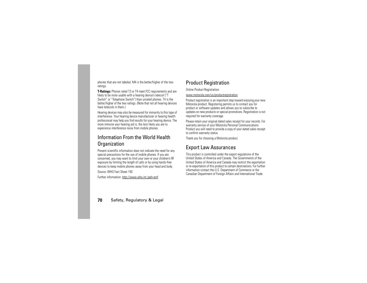 Information from the world health organization, Product registration, Export law assurances | Motorola Boost i296 User Manual | Page 74 / 84