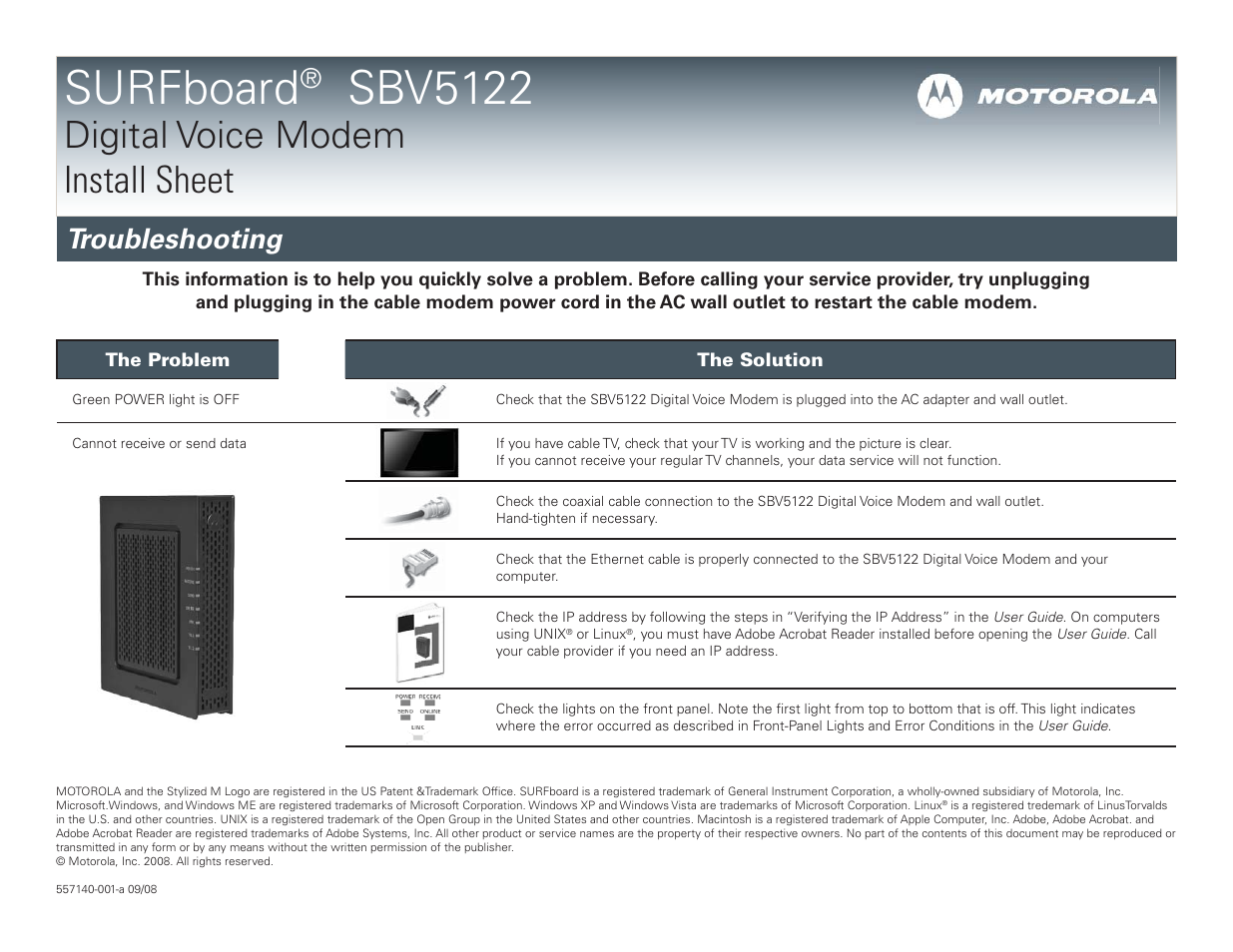 Surfboard, Sbv5122, Digital voice modem install sheet | Troubleshooting | Motorola SURFboard SBV5122 User Manual | Page 2 / 2