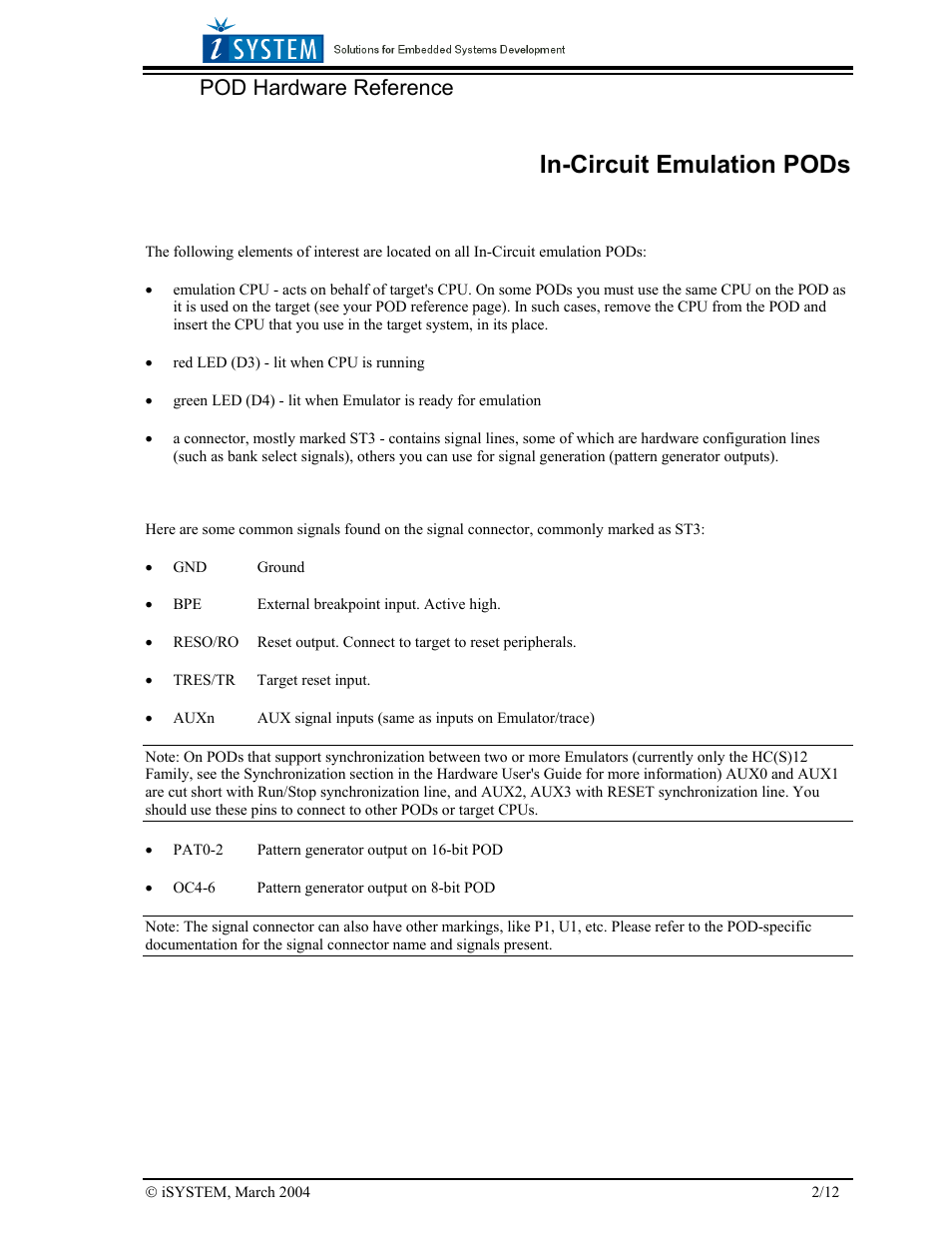 In-circuit emulation pods, Pod hardware reference | Motorola 68HC08LD User Manual | Page 2 / 12