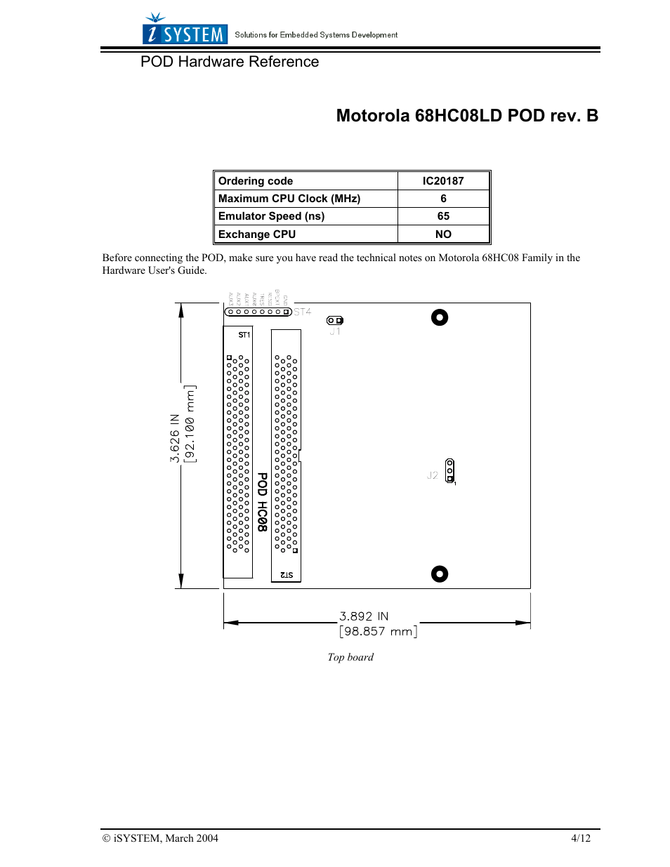 Motorola 68hc08ld pod rev. b, Pod hardware reference | Motorola 68HC08LD User Manual | Page 4 / 12
