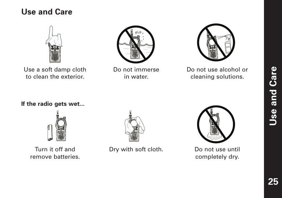 Use and car e 25, Use and care | Motorola T7100 User Manual | Page 26 / 39