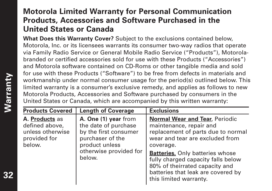 War ranty 32 | Motorola T7100 User Manual | Page 33 / 39