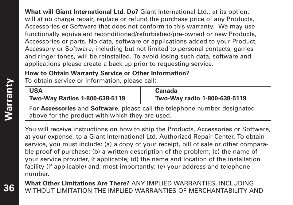 War ranty 36 | Motorola T7100 User Manual | Page 37 / 39