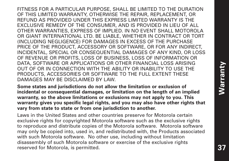 War ranty 37 | Motorola T7100 User Manual | Page 38 / 39