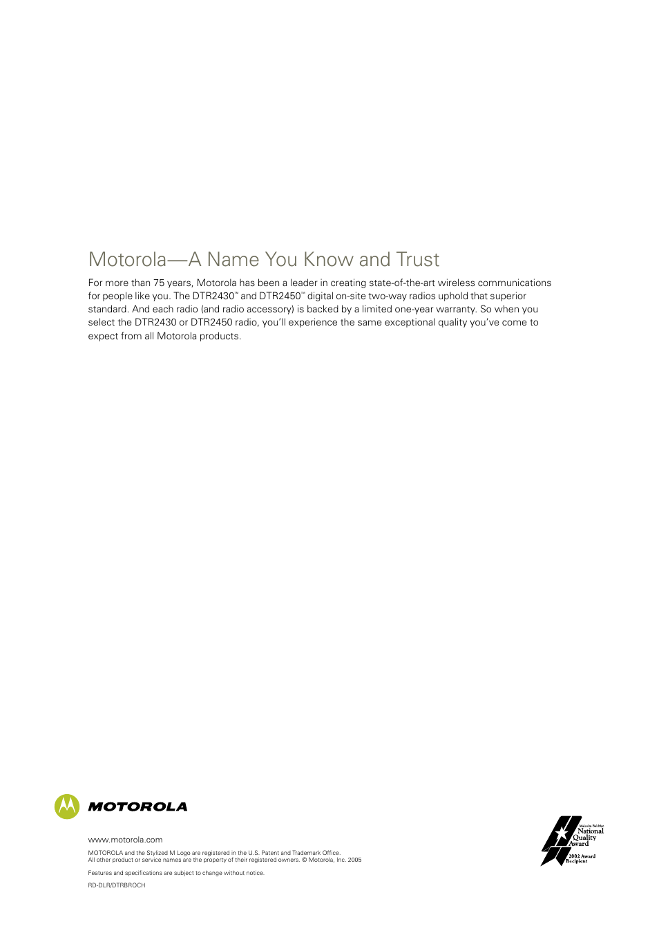 Motorola—a name you know and trust | Motorola DTR2450 User Manual | Page 12 / 12