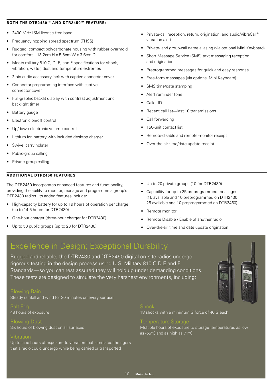 Excellence in design; exceptional durability, Salt fog, Blowing dust | Vibration, Shock, Temperature storage | Motorola DTR2450 User Manual | Page 9 / 12