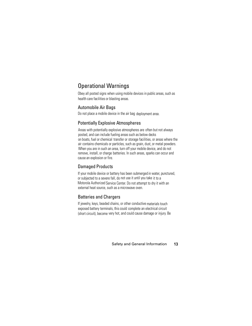 Operational warnings | Motorola C118 User Manual | Page 15 / 60