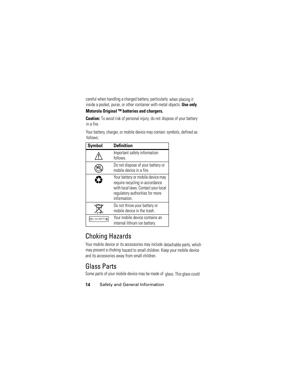 Choking hazards, Glass parts | Motorola C118 User Manual | Page 16 / 60