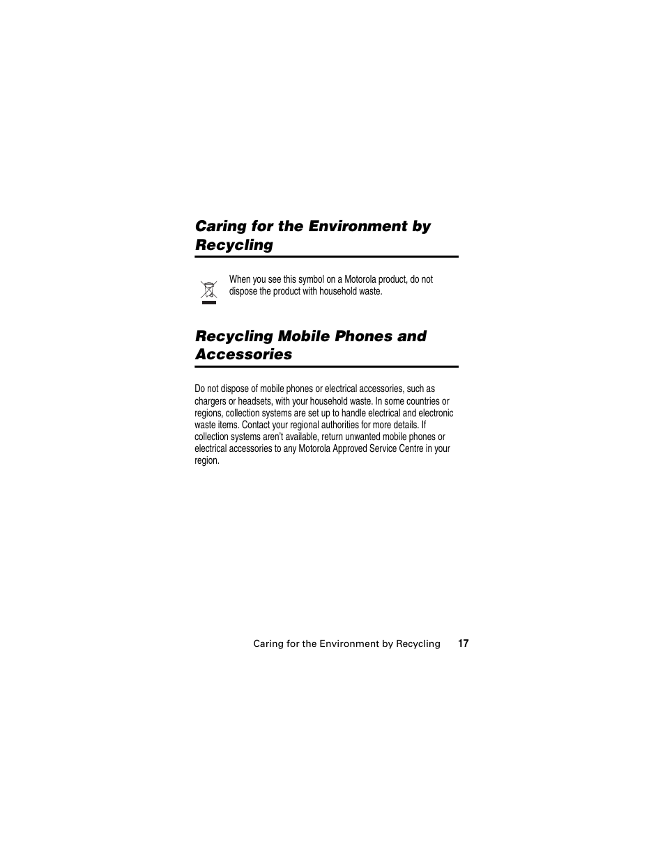 Caring for the environment by recycling, Recycling mobile phones and accessories | Motorola C118 User Manual | Page 19 / 60