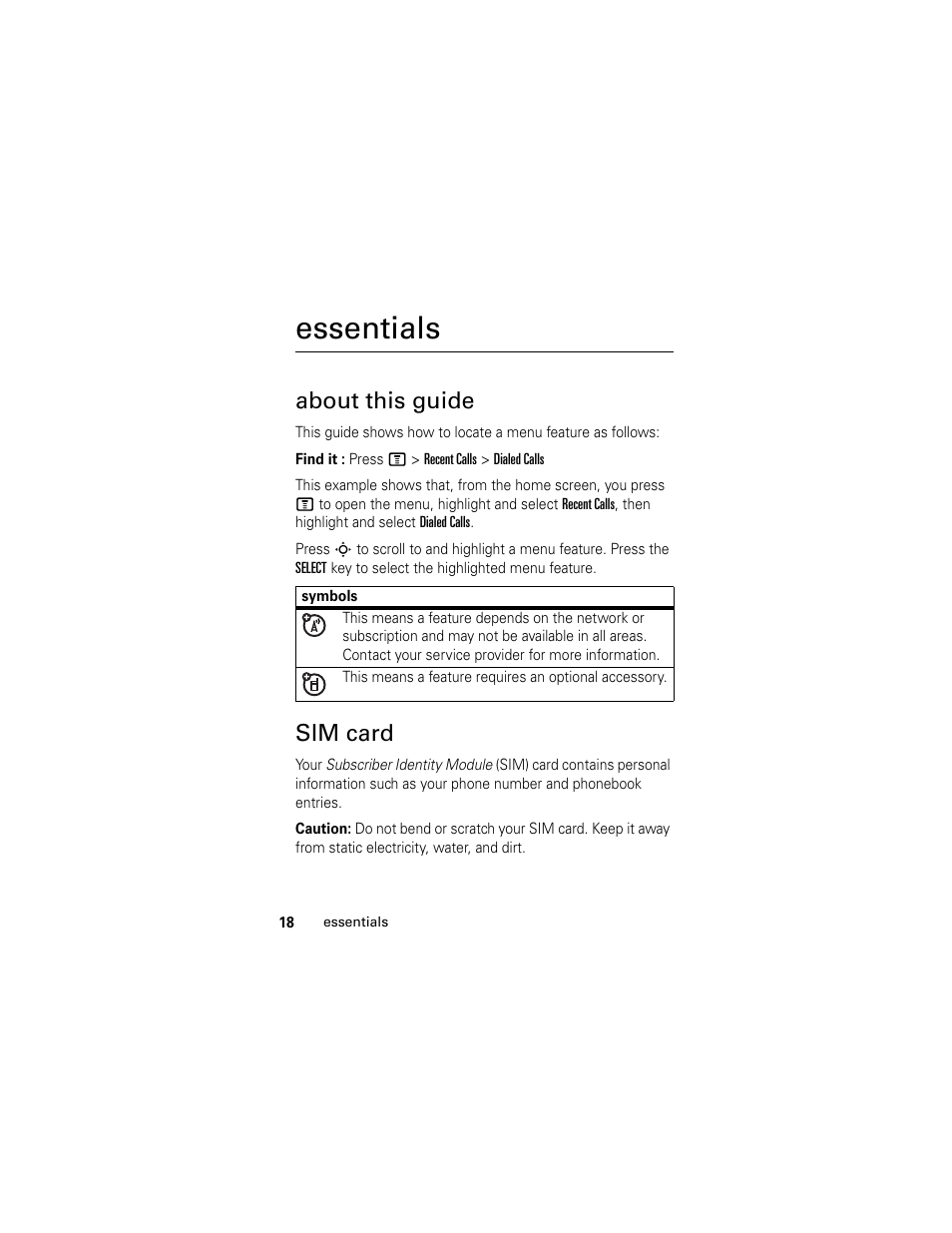 Essentials, About this guide, Sim card | Motorola C118 User Manual | Page 20 / 60