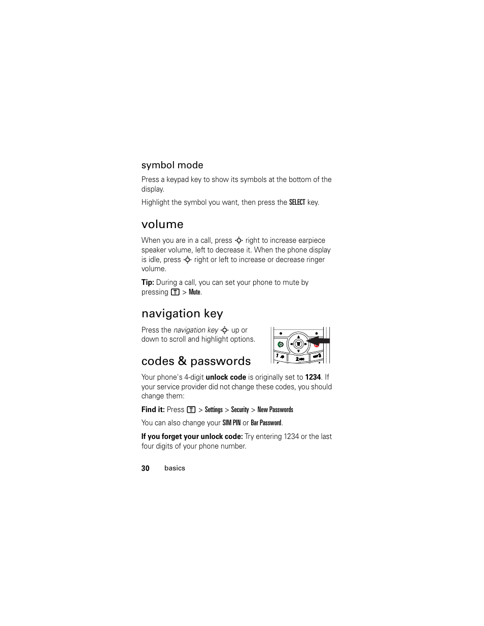 Volume, Navigation key, Codes & passwords | Motorola C118 User Manual | Page 32 / 60