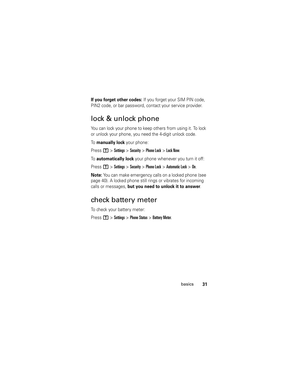 Lock & unlock phone, Check battery meter | Motorola C118 User Manual | Page 33 / 60
