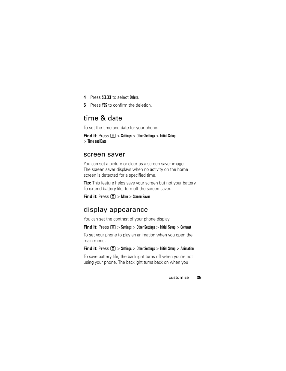 Time & date, Screen saver, Display appearance | Motorola C118 User Manual | Page 37 / 60