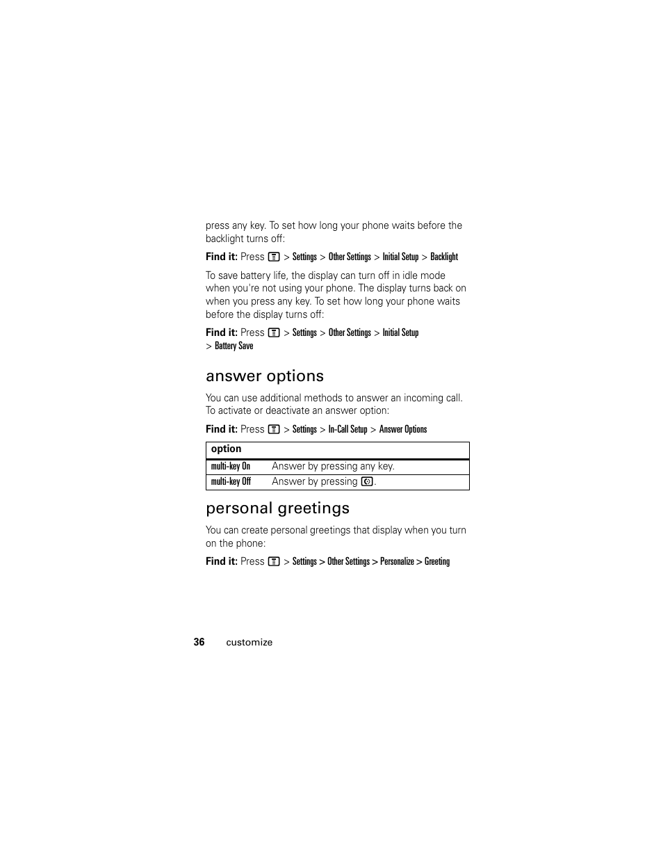 Answer options, Personal greetings | Motorola C118 User Manual | Page 38 / 60