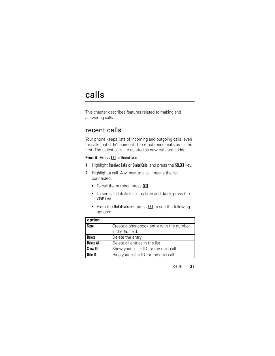 Calls, Recent calls | Motorola C118 User Manual | Page 39 / 60