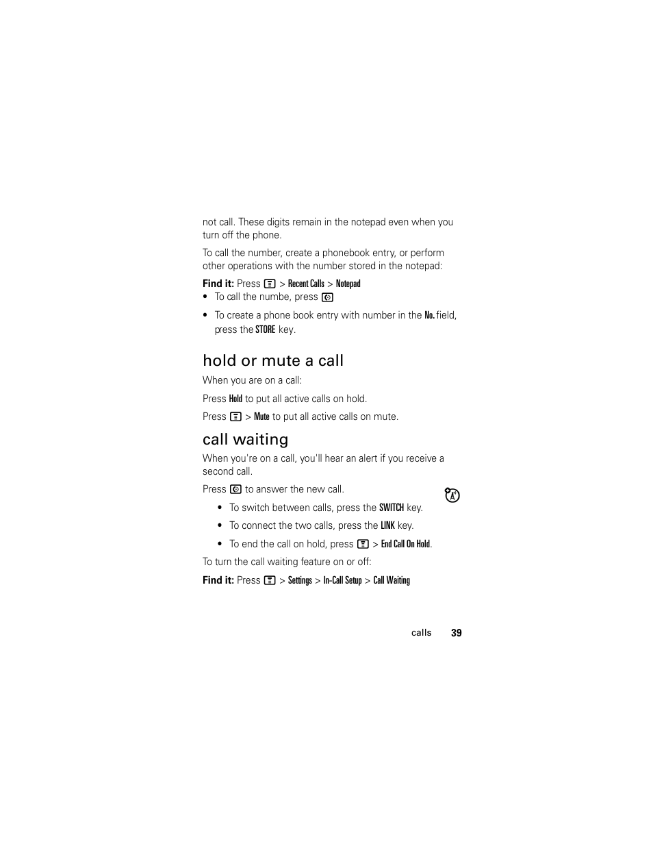 Hold or mute a call, Call waiting | Motorola C118 User Manual | Page 41 / 60