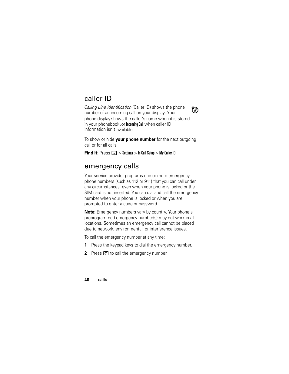 Emergency calls, Caller id | Motorola C118 User Manual | Page 42 / 60