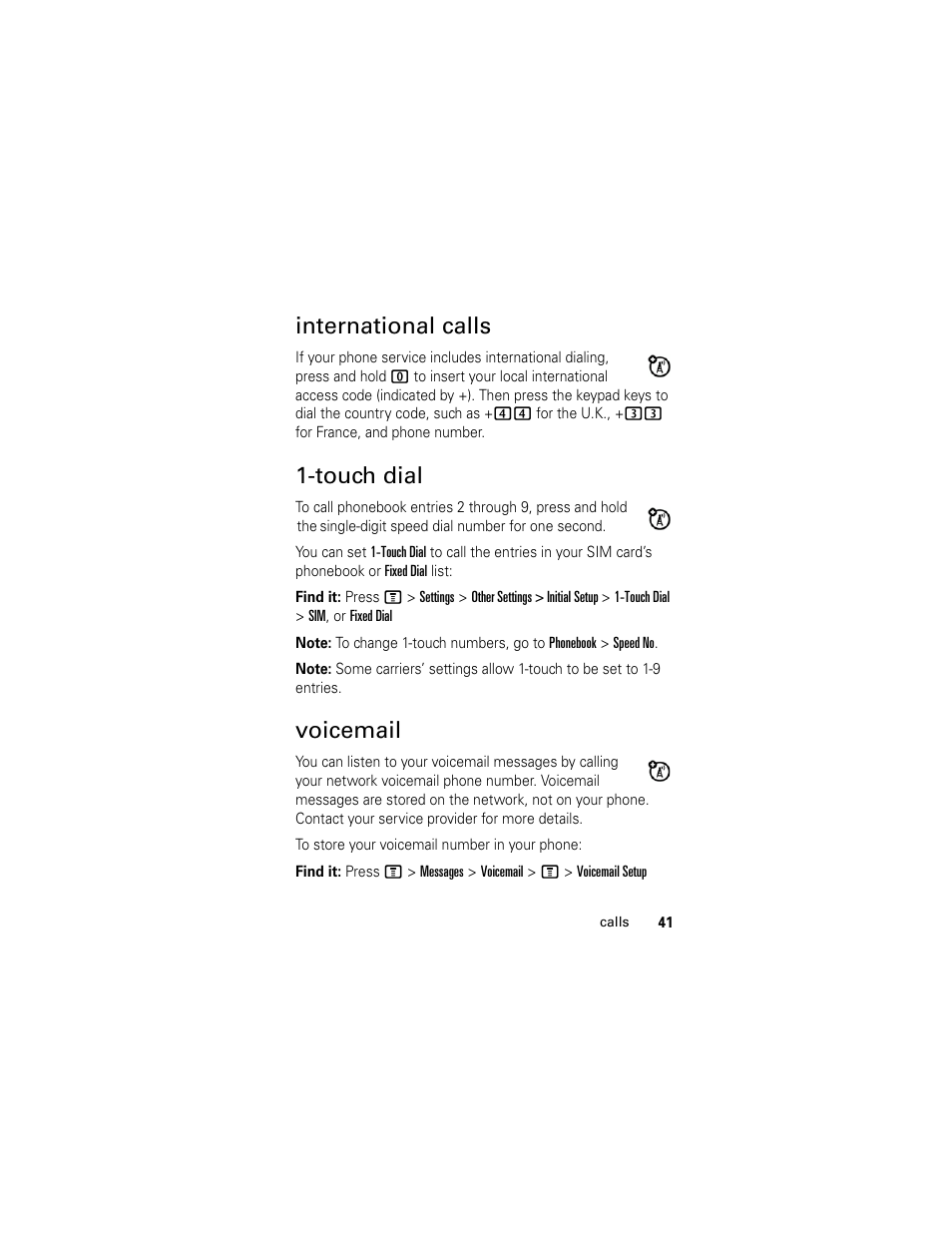 International calls, Touch dial, Voicemail | Motorola C118 User Manual | Page 43 / 60