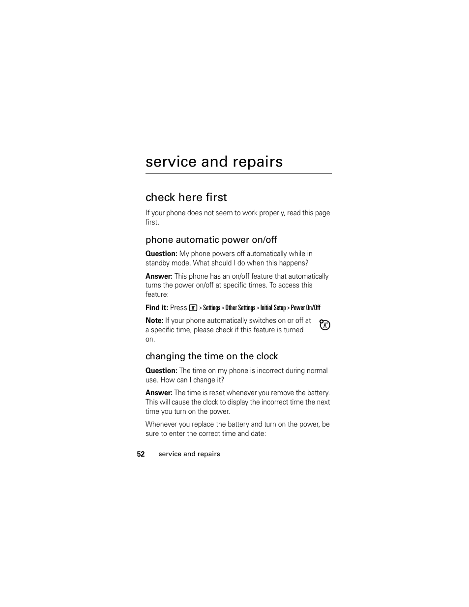 Service and repairs, Check here first, Phone automatic power on/off | Changing the time on the clock | Motorola C118 User Manual | Page 54 / 60