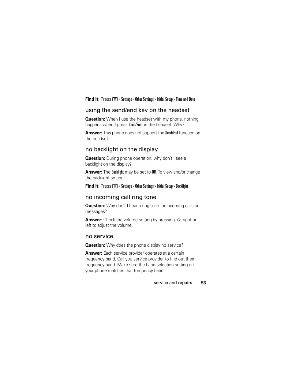 Using the send/end key on the headset, No backlight on the display, No incoming call ring tone | No service | Motorola C118 User Manual | Page 55 / 60