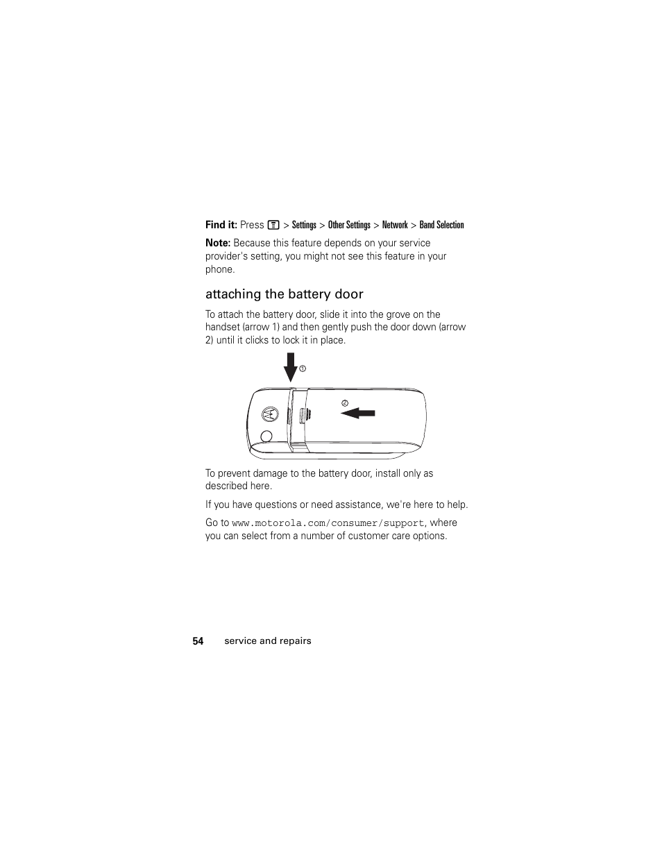 Attaching the battery door | Motorola C118 User Manual | Page 56 / 60
