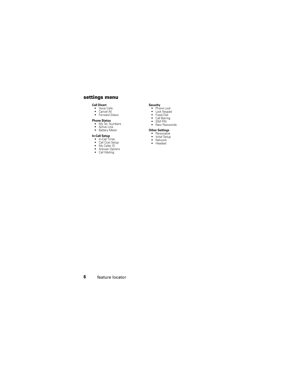 Settings menu | Motorola C118 User Manual | Page 8 / 60