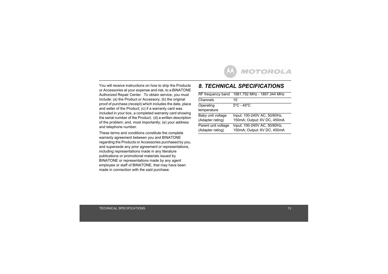 Technical specifications, Ec declaration of conformity | Motorola MBP8 User Manual | Page 13 / 15