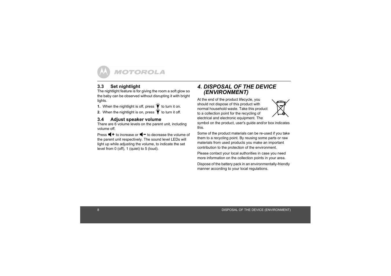 Disposal of the device, 3 set nightlight 3.4 adjust speaker volume, Environment) | Motorola MBP8 User Manual | Page 8 / 15