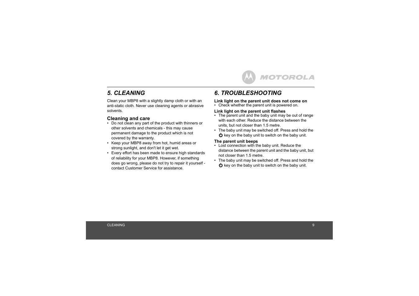 Cleaning, Troubleshooting, Cleaning 6. troubleshooting | Motorola MBP8 User Manual | Page 9 / 15