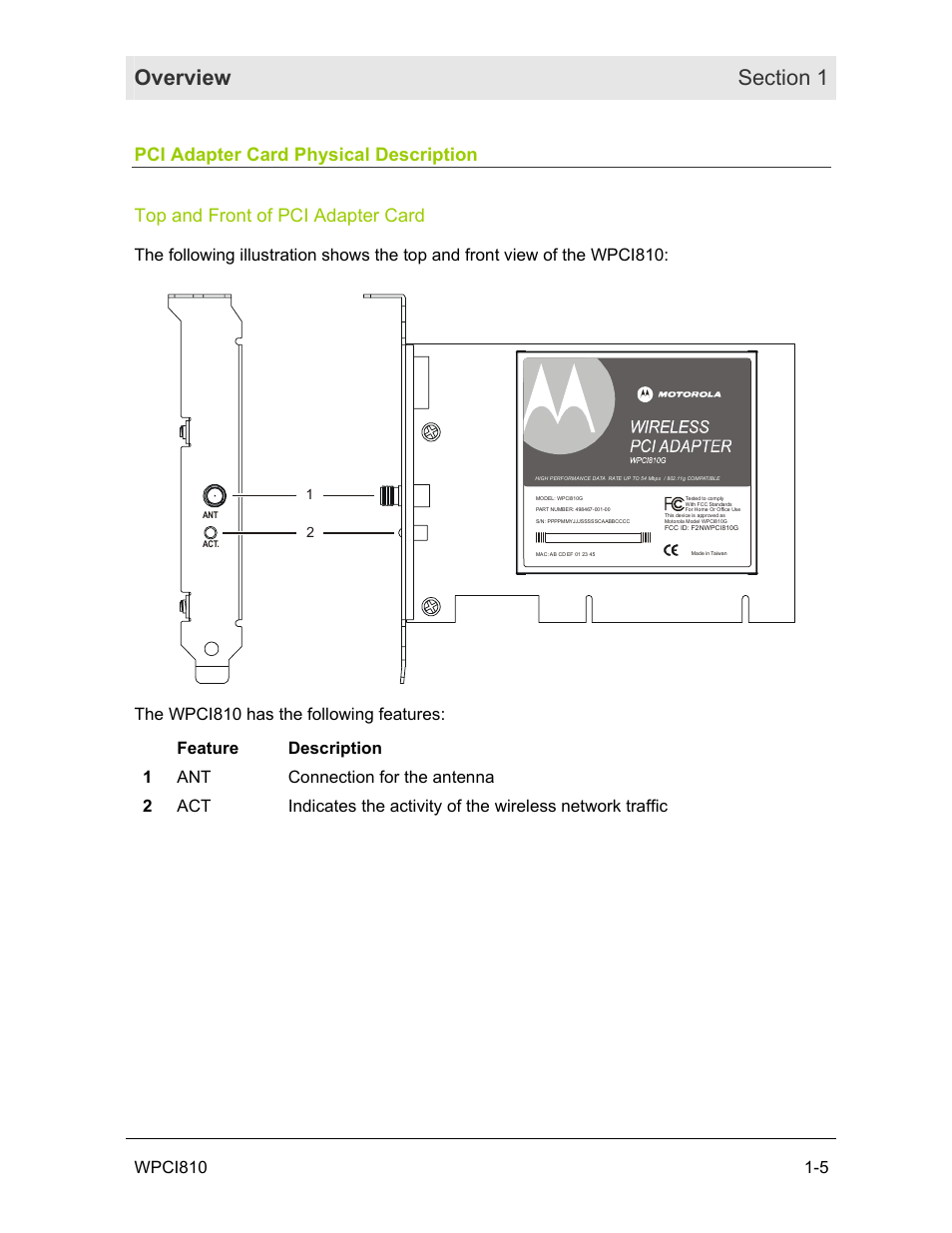 Pci adapter card physical description, Top and front of pci adapter card | Motorola WPCI810GP User Manual | Page 10 / 58