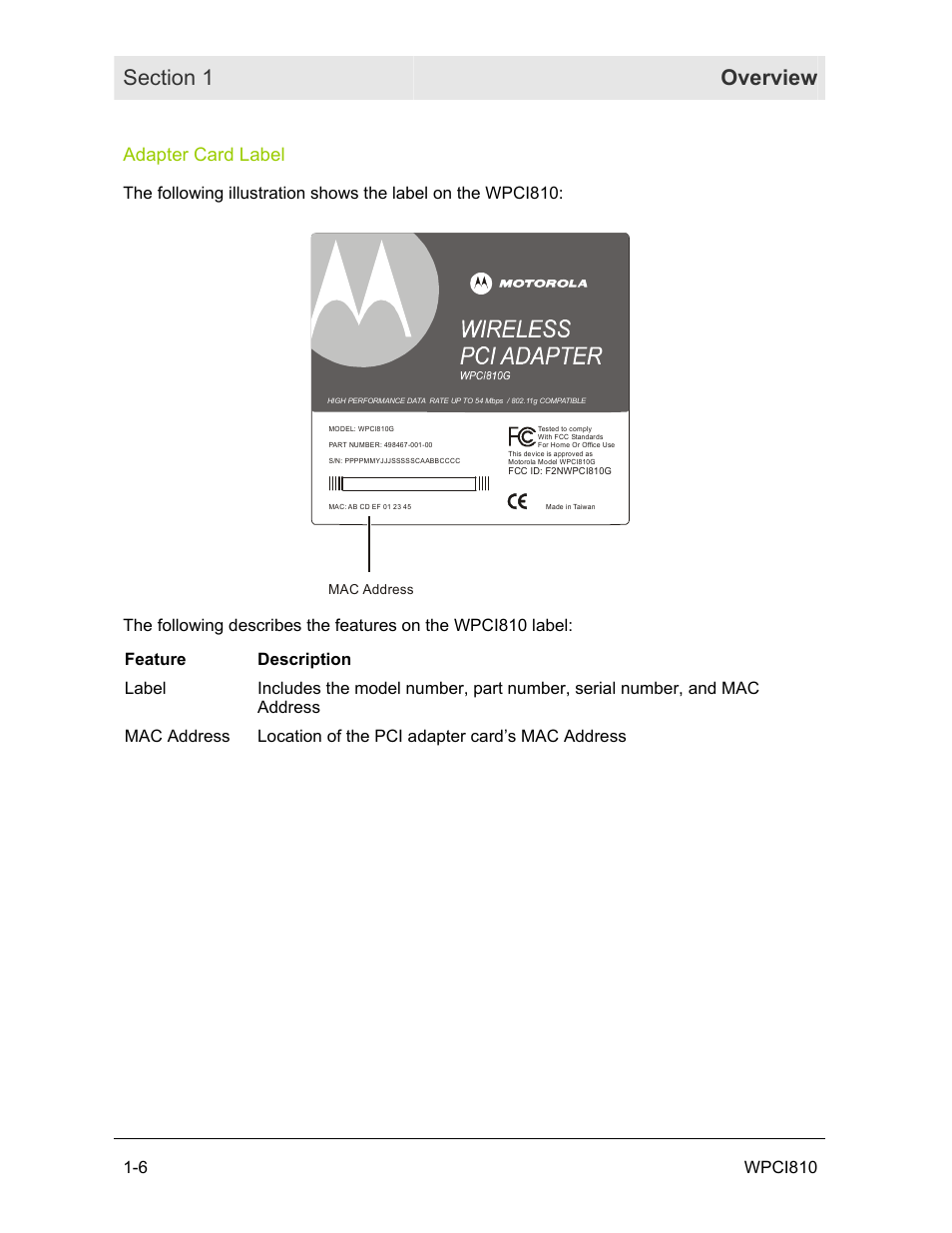 Adapter card label, 6 wpci810 | Motorola WPCI810GP User Manual | Page 11 / 58