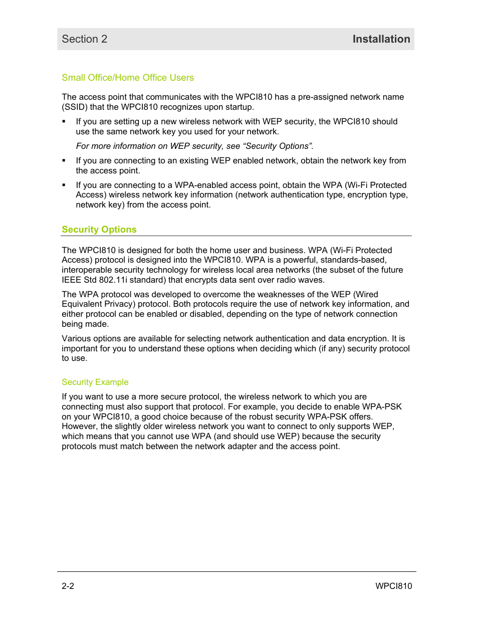 Small office/home office users, Security options, Security example | Motorola WPCI810GP User Manual | Page 13 / 58