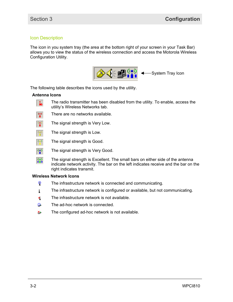 Icon description | Motorola WPCI810GP User Manual | Page 18 / 58