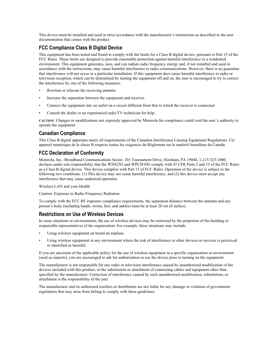 Compliance, Fcc compliance class b digital device, Canadian compliance | Fcc declaration of conformity, Restrictions on use of wireless devices | Motorola WPCI810GP User Manual | Page 2 / 58