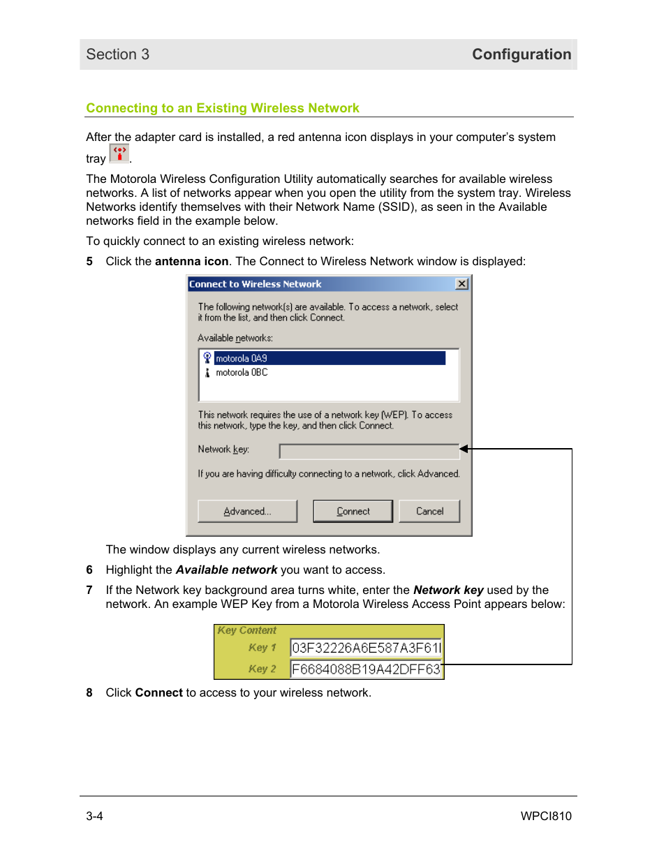 Connecting to an existing wireless network | Motorola WPCI810GP User Manual | Page 20 / 58