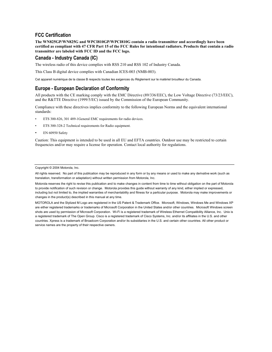 Fcc certification, Canada - industry canada (ic), Europe - european declaration of conformity | Motorola WPCI810GP User Manual | Page 3 / 58