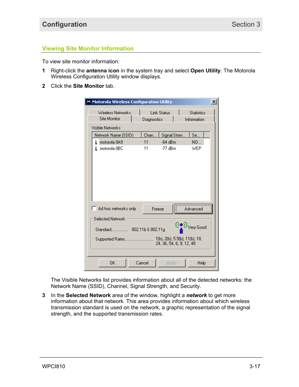 Viewing site monitor information | Motorola WPCI810GP User Manual | Page 33 / 58