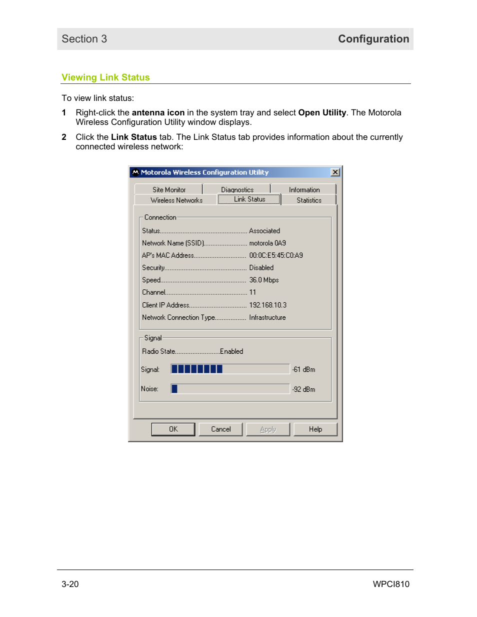 Viewing link status | Motorola WPCI810GP User Manual | Page 36 / 58