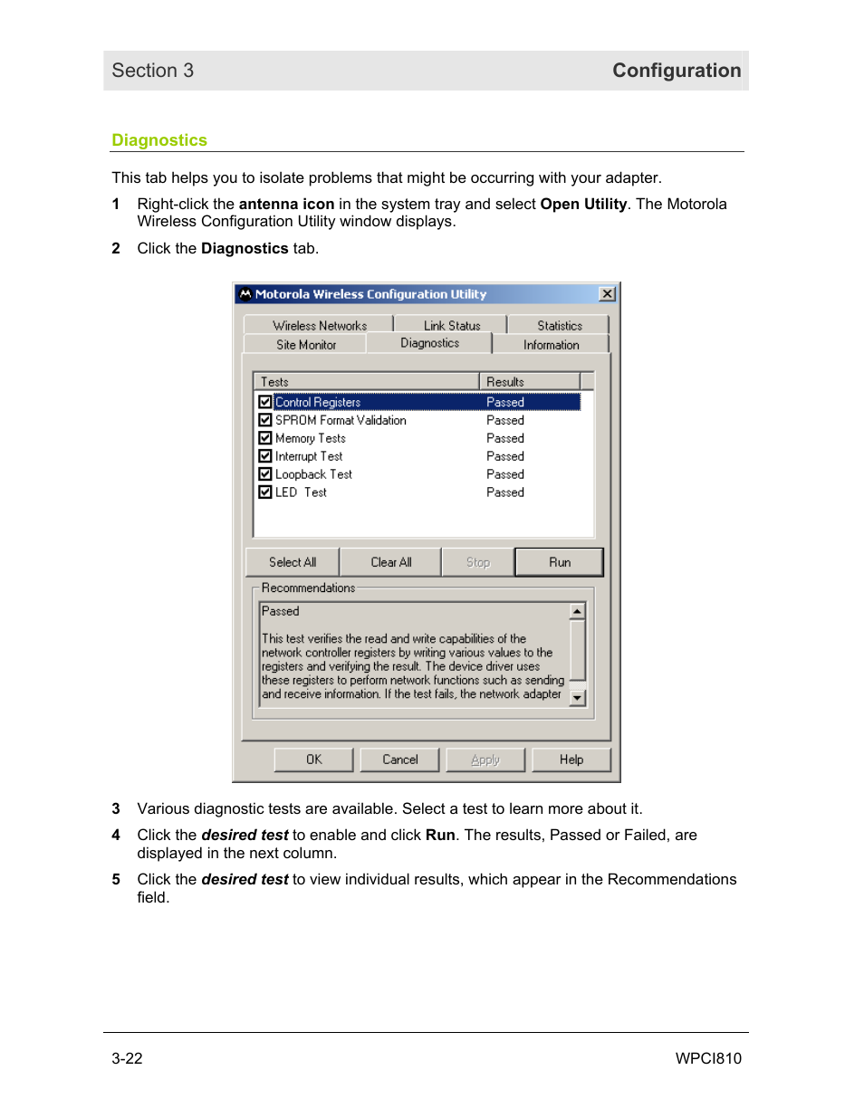 Diagnostics | Motorola WPCI810GP User Manual | Page 38 / 58