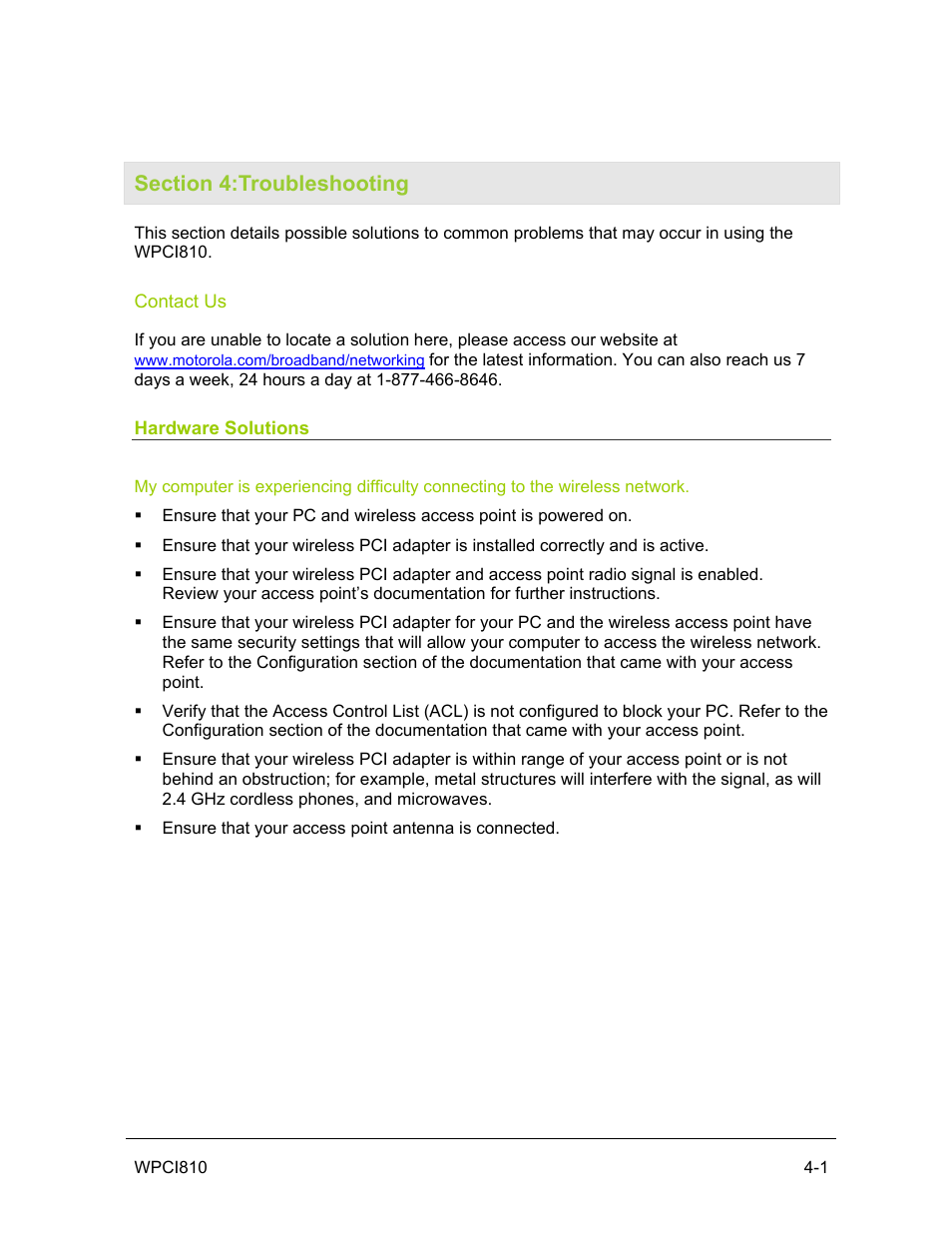Section 4:troubleshooting, Contact us, Hardware solutions | Motorola WPCI810GP User Manual | Page 42 / 58