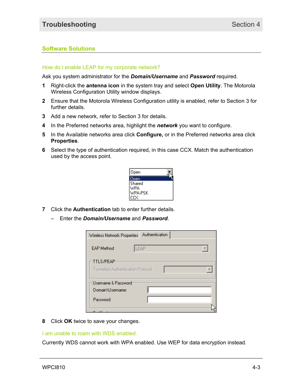 Software solutions, How do i enable leap for my corporate network, I am unable to roam with wds enabled | Motorola WPCI810GP User Manual | Page 44 / 58