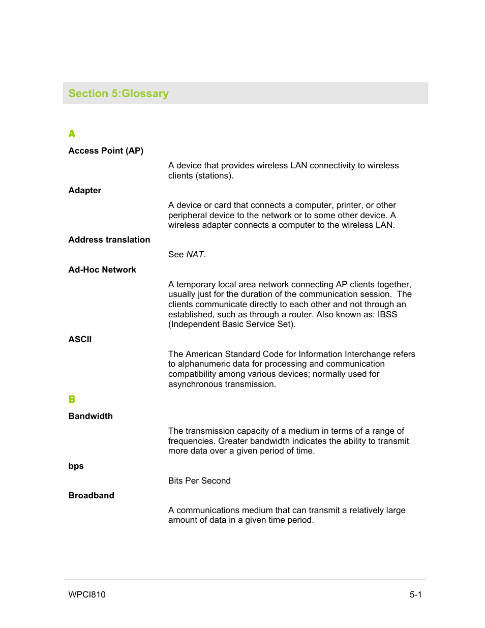 Section 5:glossary | Motorola WPCI810GP User Manual | Page 46 / 58