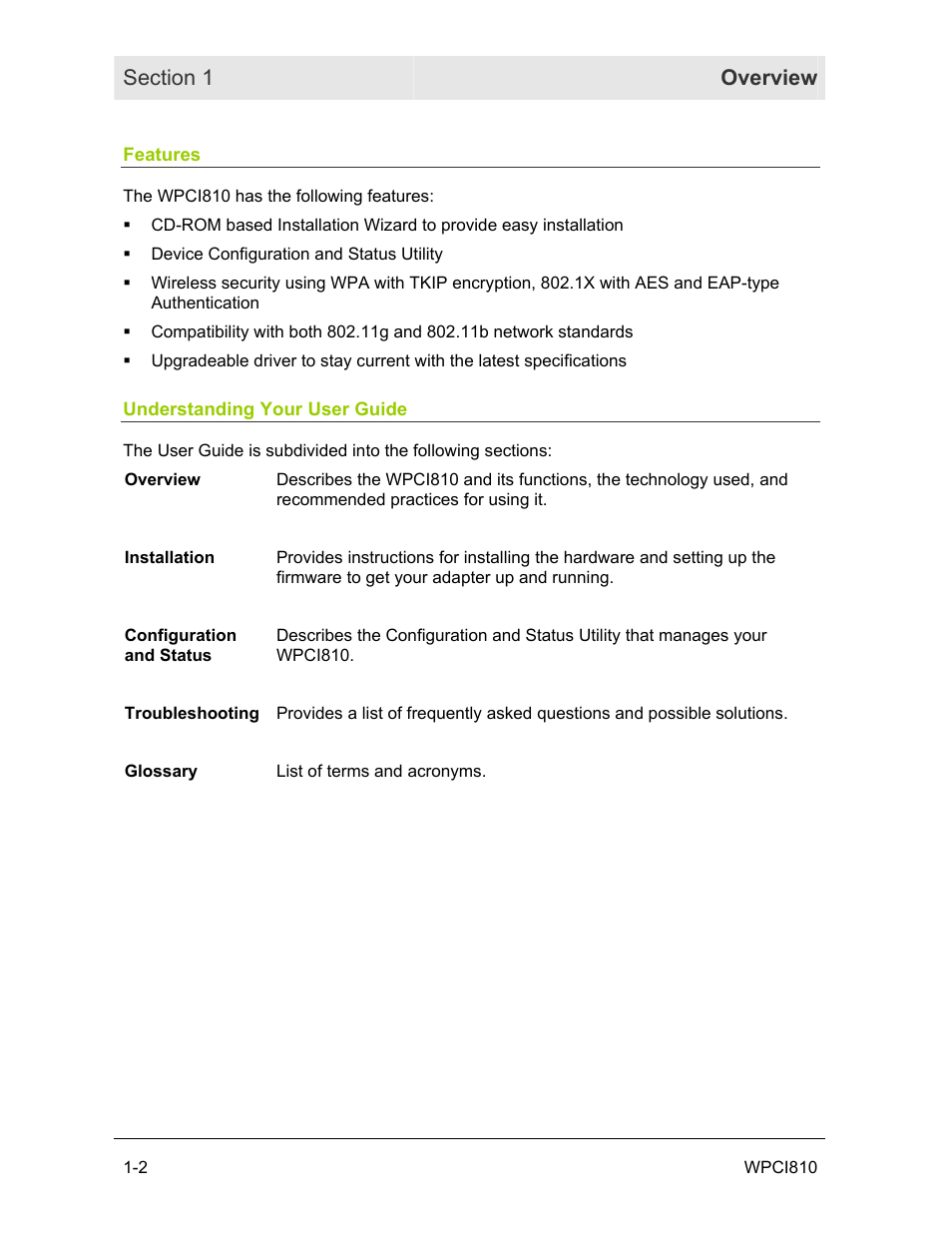 Features, Understanding your user guide | Motorola WPCI810GP User Manual | Page 7 / 58