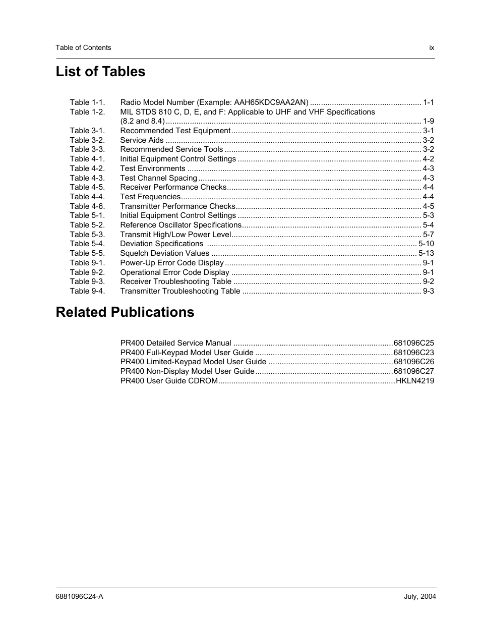 List of tables, Related publications | Motorola PR400 User Manual | Page 11 / 128