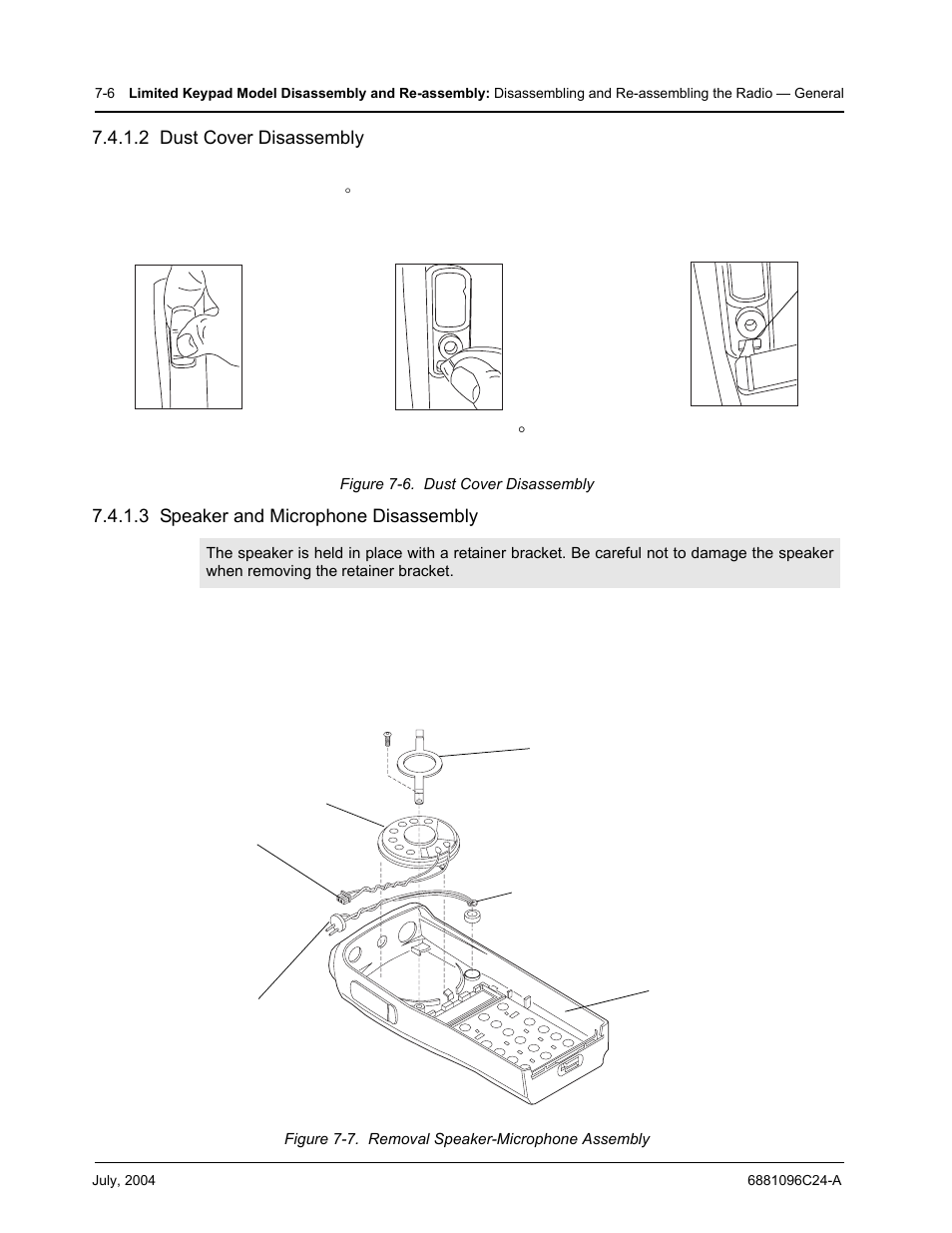 2 dust cover disassembly, 3 speaker and microphone disassembly | Motorola PR400 User Manual | Page 74 / 128