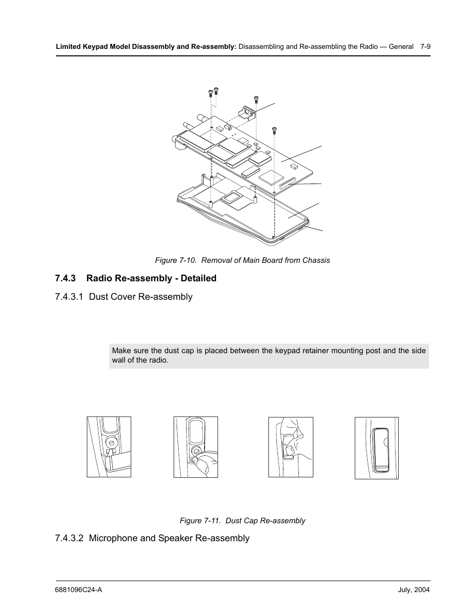 3 radio re-assembly - detailed, Figure 7-10, 2 microphone and speaker re-assembly | Motorola PR400 User Manual | Page 77 / 128