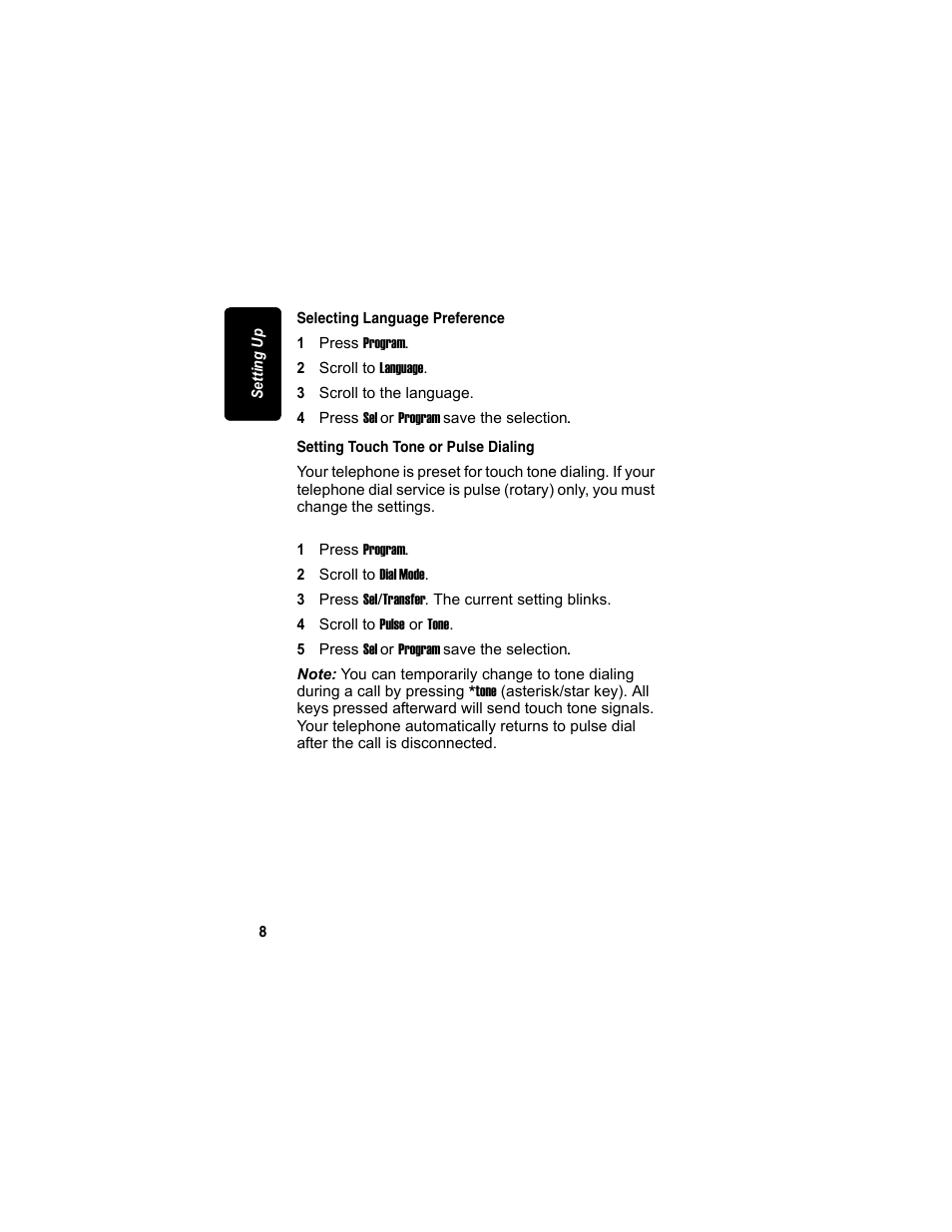 Selecting language preference, Setting touch tone or pulse dialing | Motorola MA3153 User Manual | Page 22 / 78