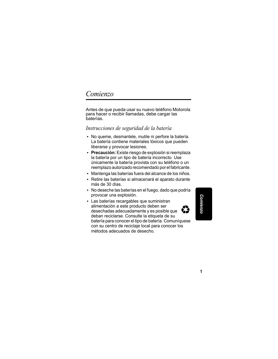 Comienzo, Instrucciones de seguridad de la batería | Motorola MA3153 User Manual | Page 53 / 78