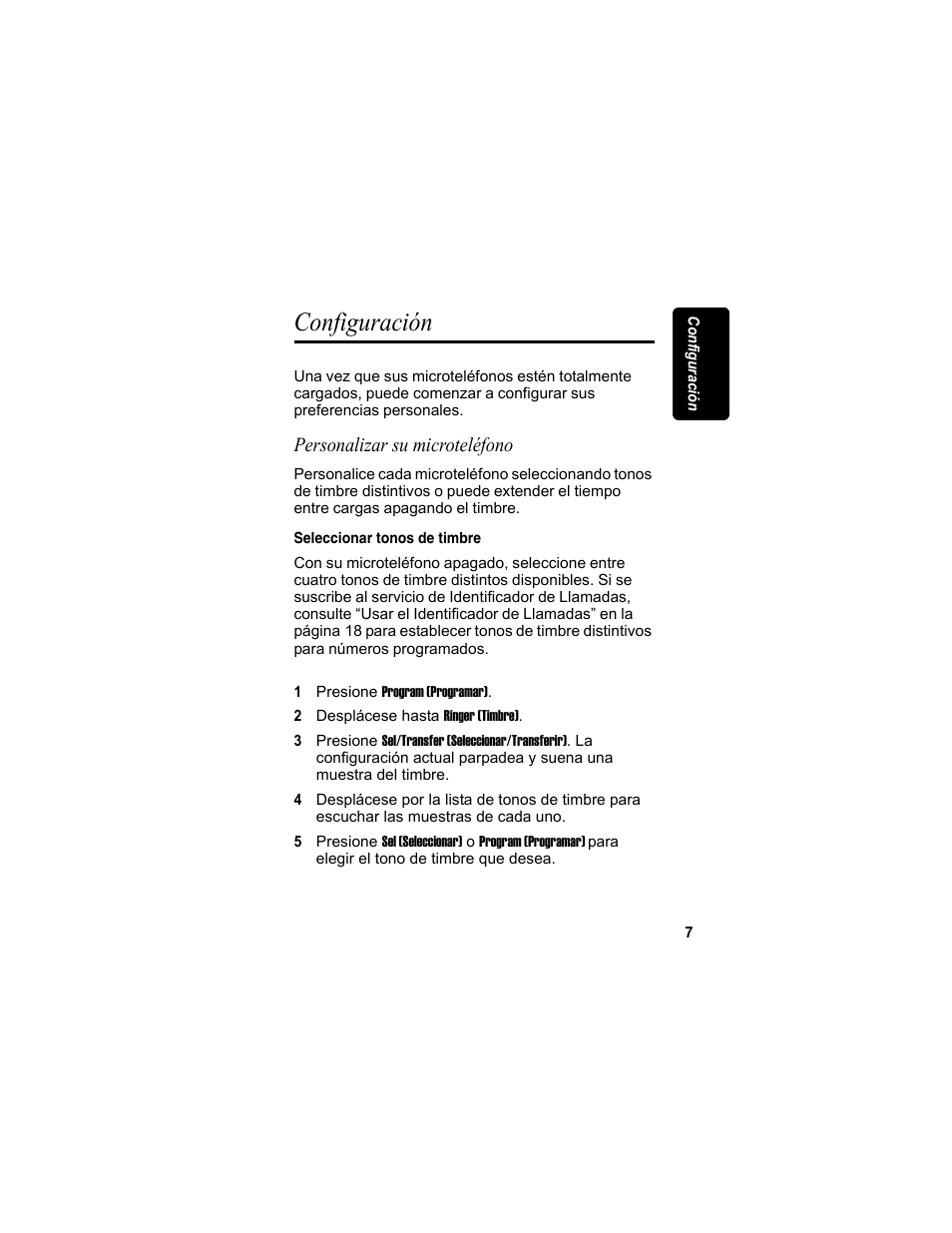 Configuración, Personalizar su microteléfono, Seleccionar tonos de timbre | Motorola MA3153 User Manual | Page 59 / 78