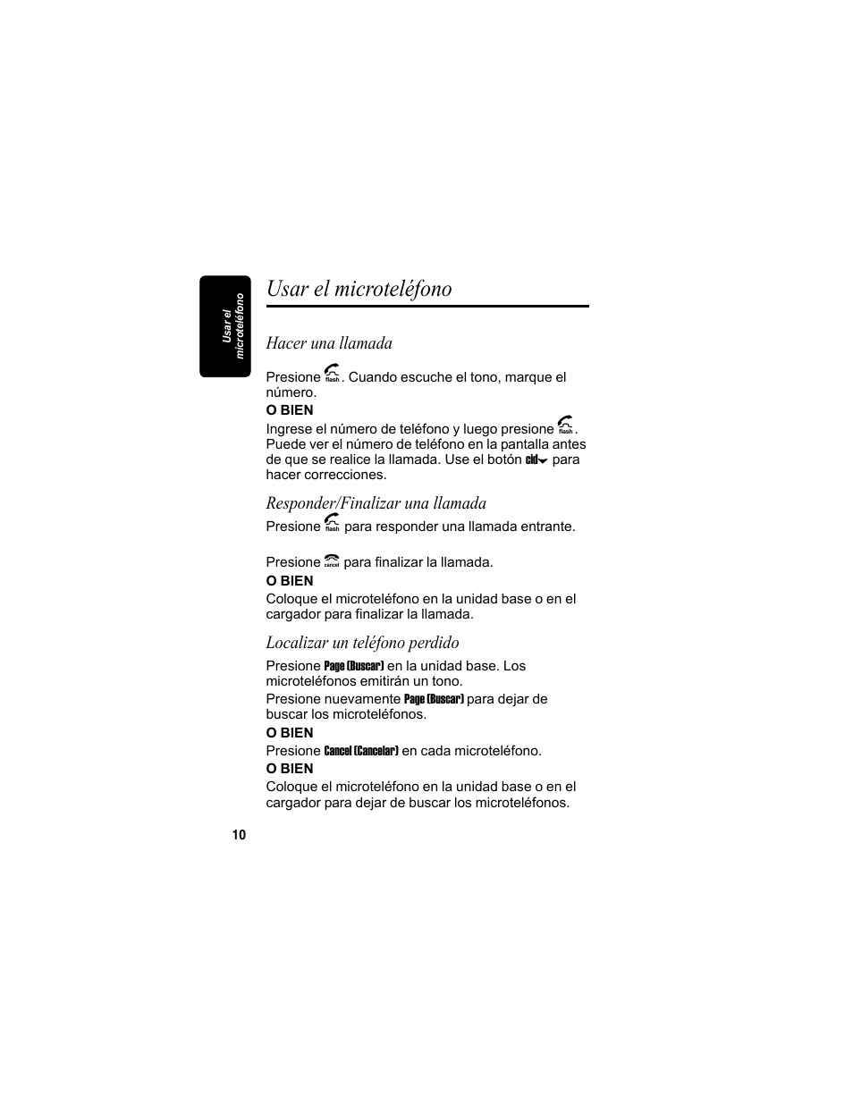Usar el microteléfono, Hacer una llamada, Responder/finalizar una llamada | Localizar un teléfono perdido, Ta p a | Motorola MA3153 User Manual | Page 62 / 78